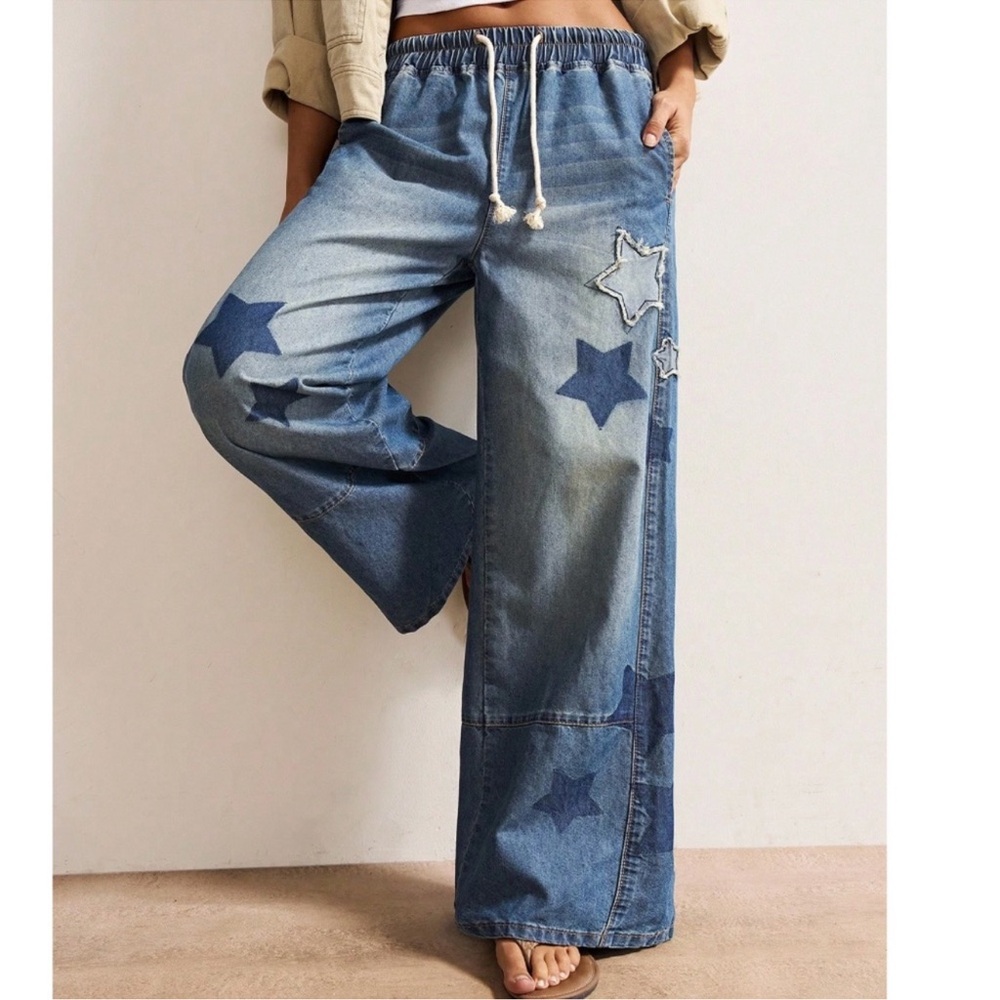 Western Star Print Patch Stretchy Waist Wide Leg Denim Jean Pants S M L XL